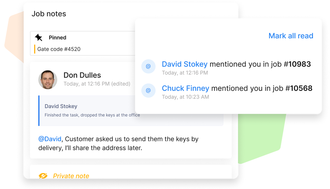 UI showing job notes in Cinderblock with user mentions, pinned notes, and real-time notifications.