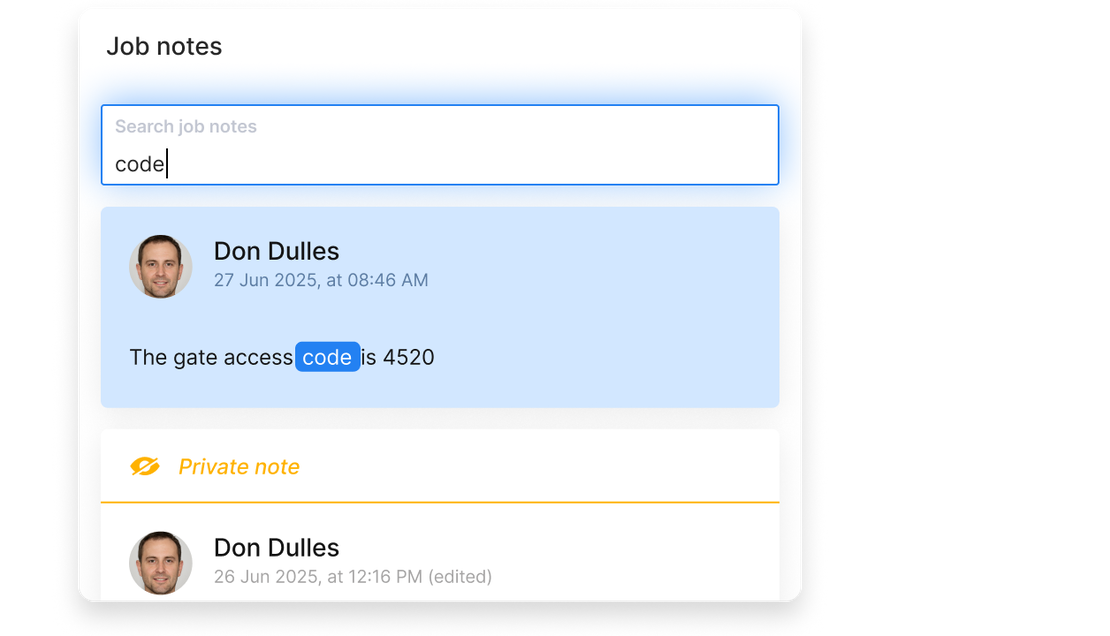 UI  of Cinderblock’s job notes search, showing a keyword highlight, timestamped entries, and private note visibility.