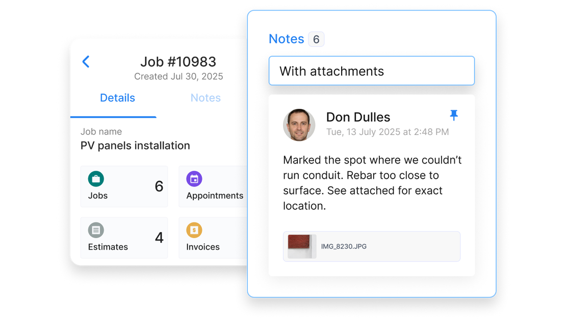 UI showing a job note in Cinderblock with a pinned comment, user photo, timestamp, and attached image, all linked to a specific job record.