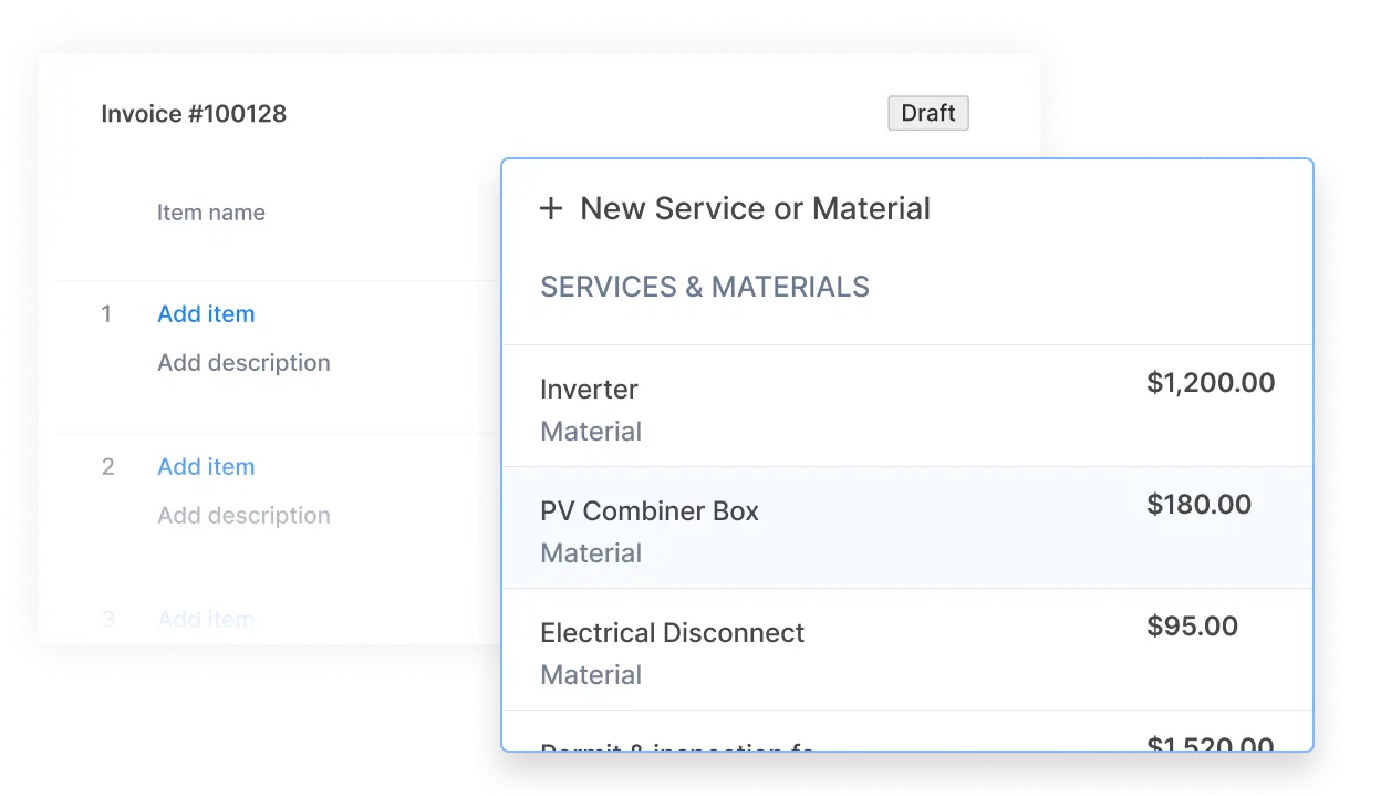 UI showing how saved materials in Cinderblock can be added to an invoice with preset names and pricing.
