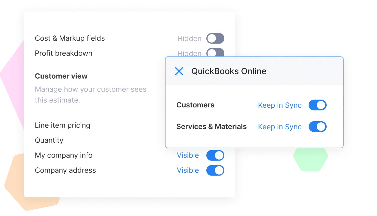 UI showing how Cinderblock lets you control which fields customers see and keep items synced with QuickBooks Online.