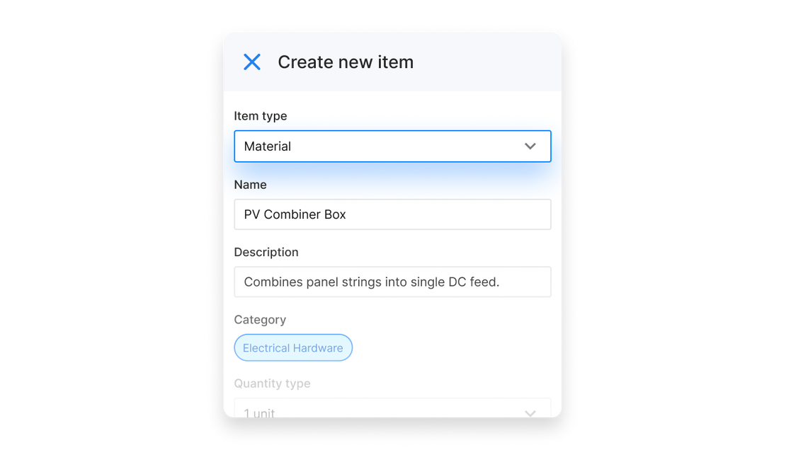 UI showing how to create a new material item in Cinderblock, including name, description, and category.