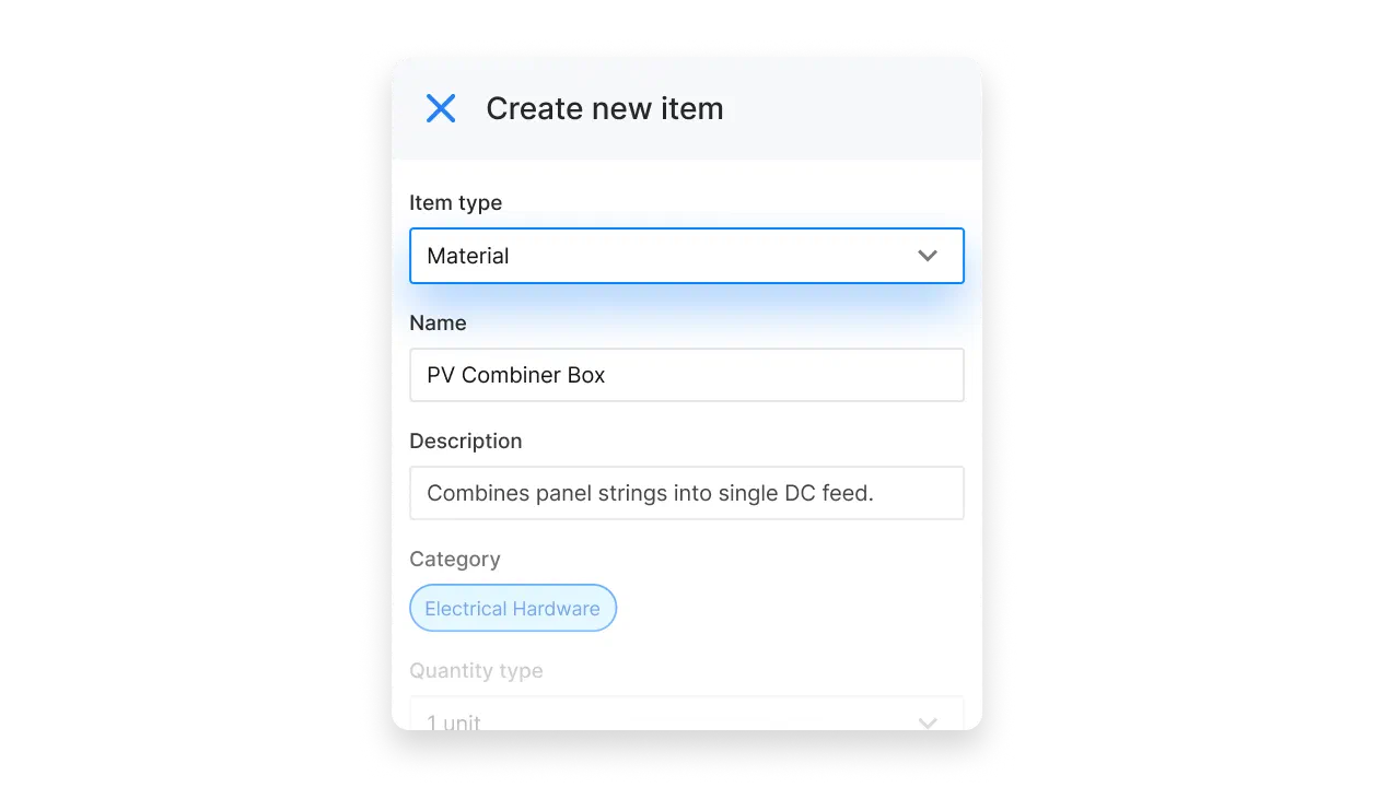 UI showing how to create a new material item in Cinderblock, including name, description, and category.