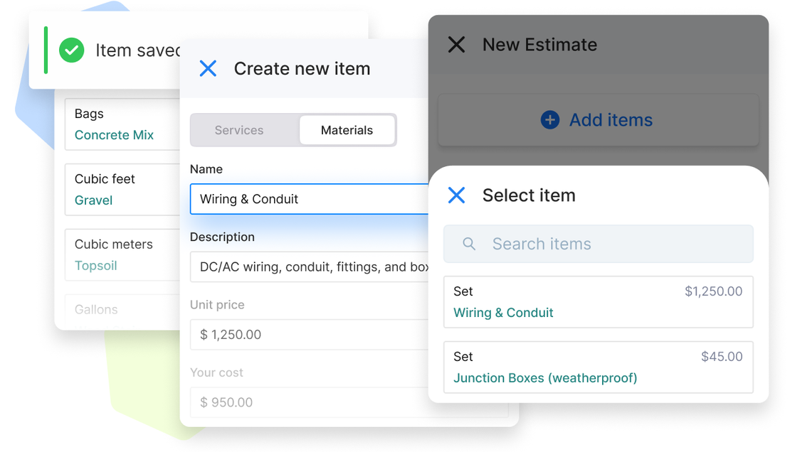 UI showing how saved service and material items are created and selected in Cinderblock