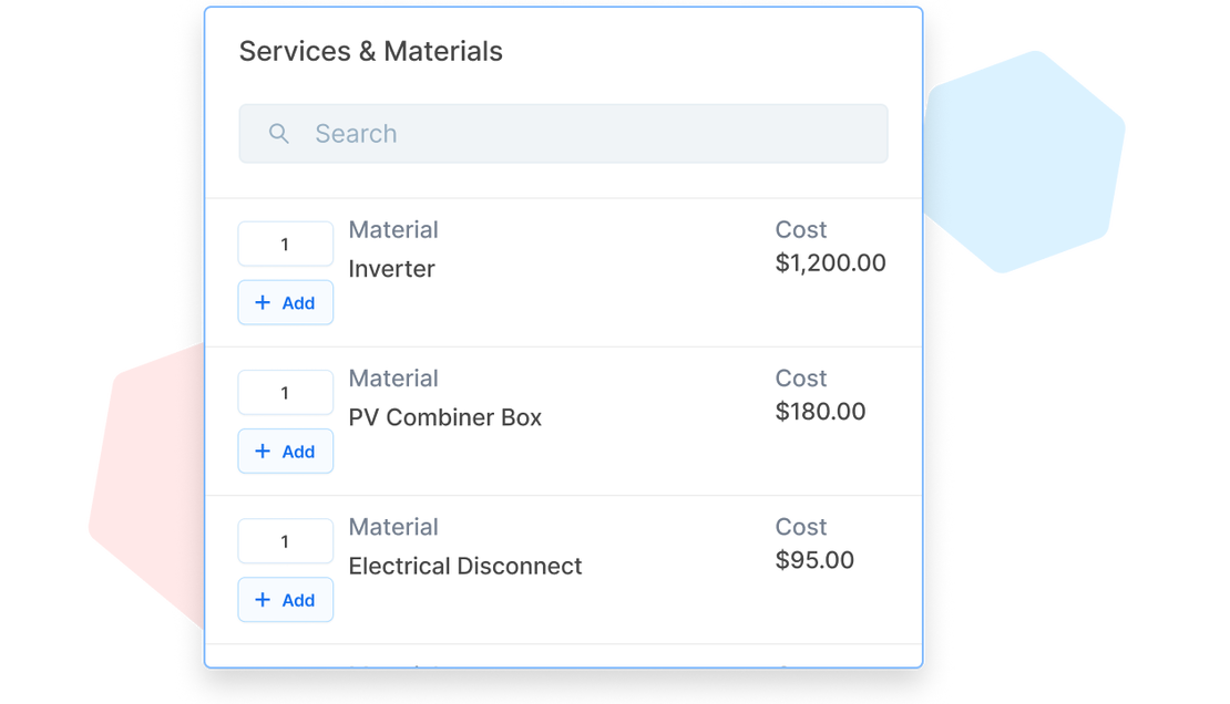 UI showing a searchable list of saved materials in Cinderblock with cost and quantity controls.