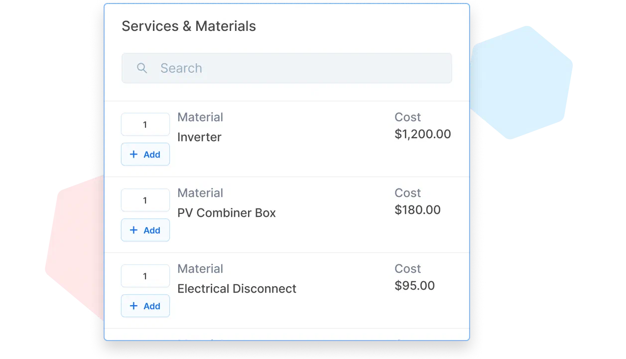 UI showing a searchable list of saved materials in Cinderblock with cost and quantity controls.