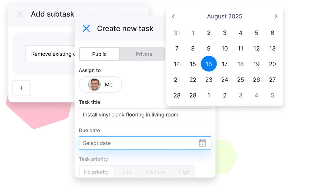 Cinderblock UI creating a new task with a calendar date picker for due date.