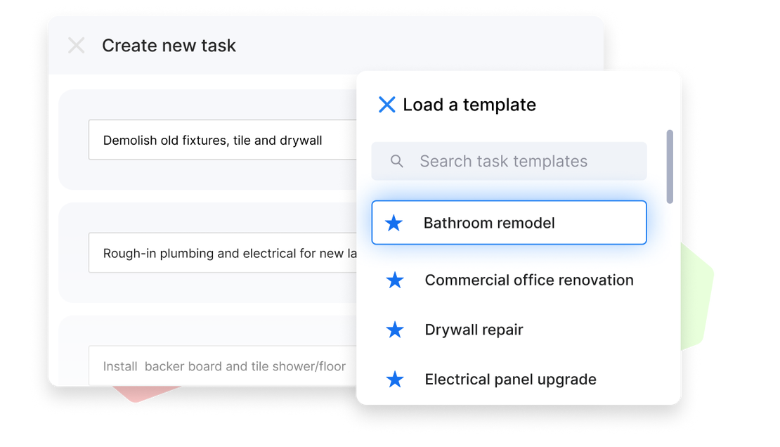 Cinderblock UI adding a new task from templates with predefined descriptions.