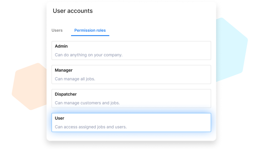 A view of Cinderblock’s user account settings, showing predefined permission roles, Admin, Manager, Dispatcher, and User, each with clear access descriptions.