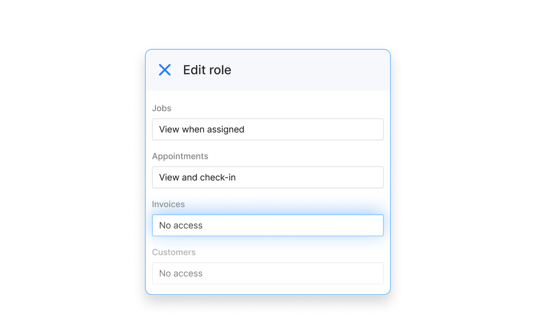 A permissions editor in Cinderblock showing custom role settings for jobs, appointments, invoices, and customers, with the option to save changes using “Edit role.”