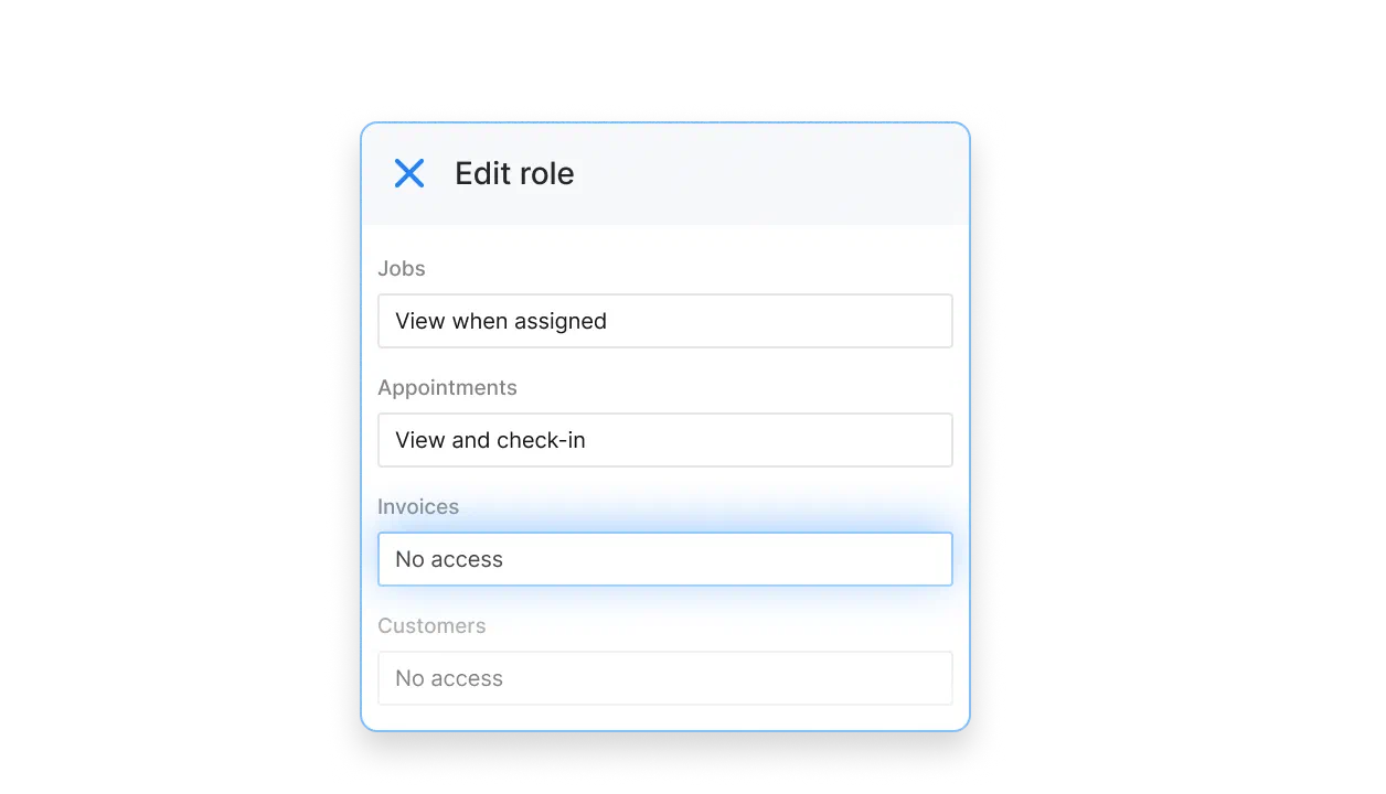 A permissions editor in Cinderblock showing custom role settings for jobs, appointments, invoices, and customers, with the option to save changes using “Edit role.”