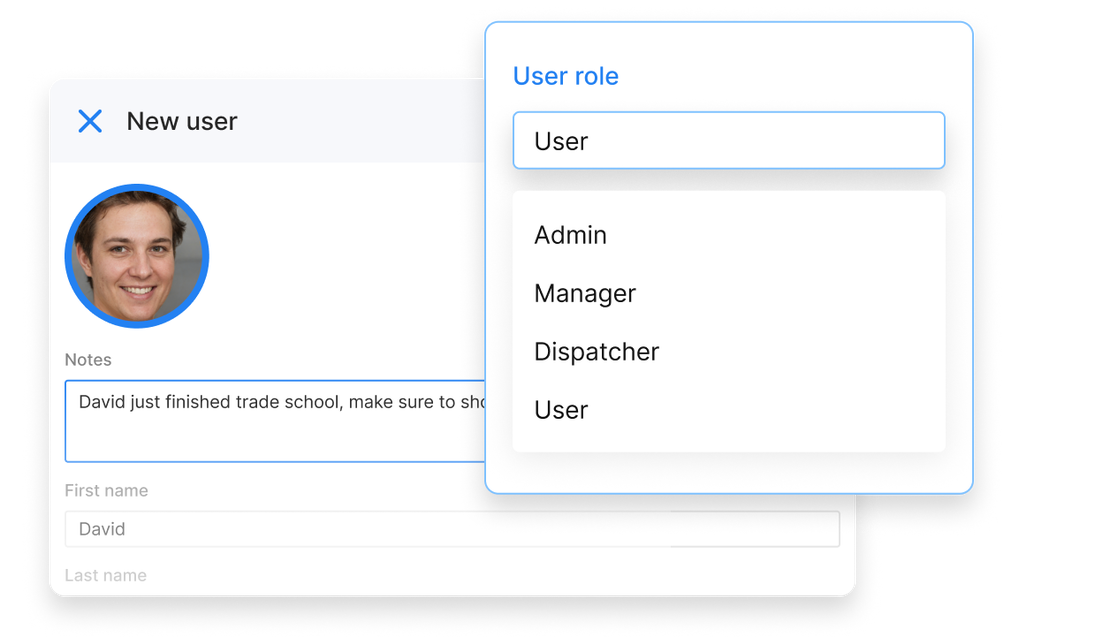 A user profile is being created in Cinderblock, showing a profile photo, role selection menu with options like Admin and Dispatcher, and a note about the new user.
