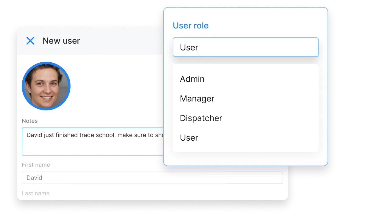 A user profile is being created in Cinderblock, showing a profile photo, role selection menu with options like Admin and Dispatcher, and a note about the new user.