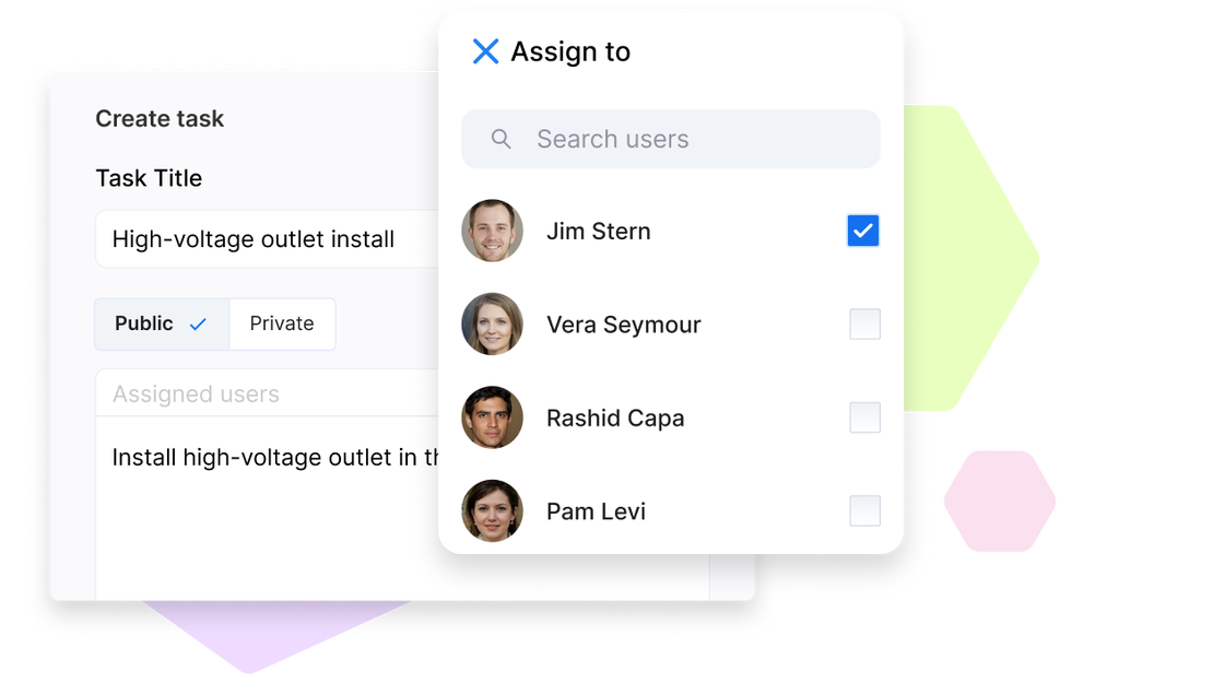 A task creation screen in Cinderblock showing team member assignment, with a searchable list of users and checkboxes to select who should handle the task.