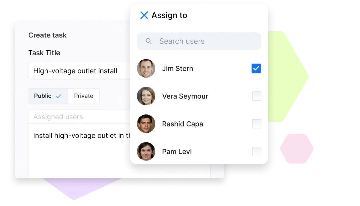 A task creation screen in Cinderblock showing team member assignment, with a searchable list of users and checkboxes to select who should handle the task.