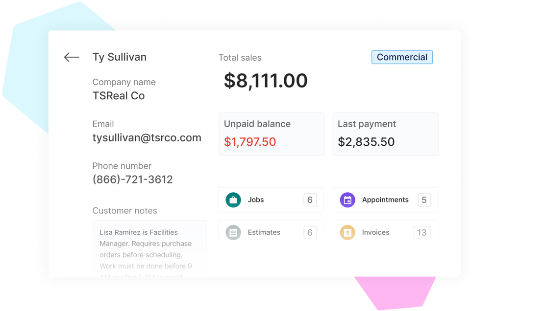 Cinderblock UI displaying customer account summary with financial and activity metrics.