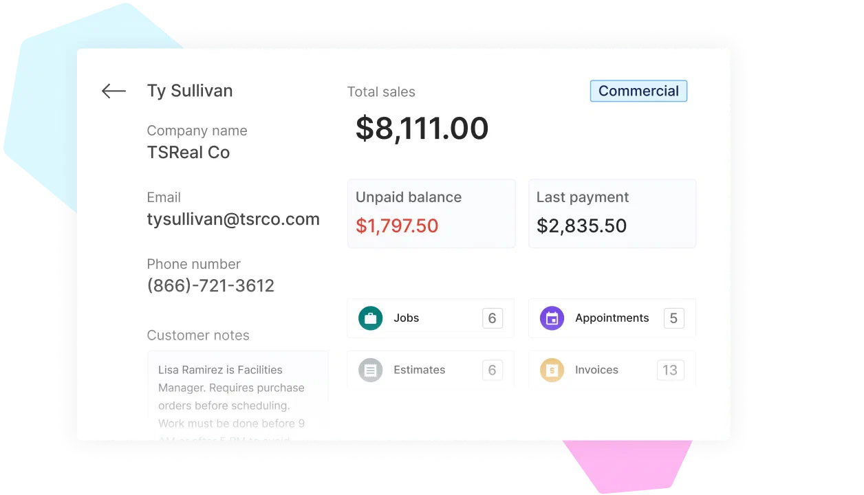 Cinderblock UI displaying customer account summary with financial and activity metrics.
