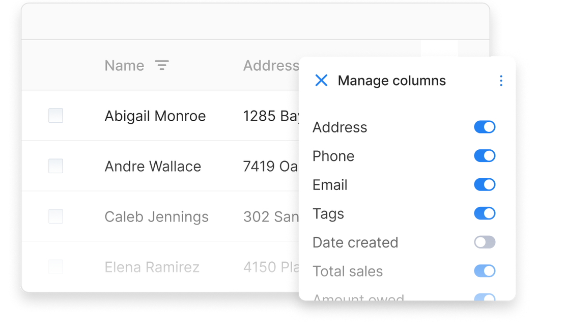 Customer list in Cinderblock with a column manager overlay showing toggles for address, phone, email, and other fields. 