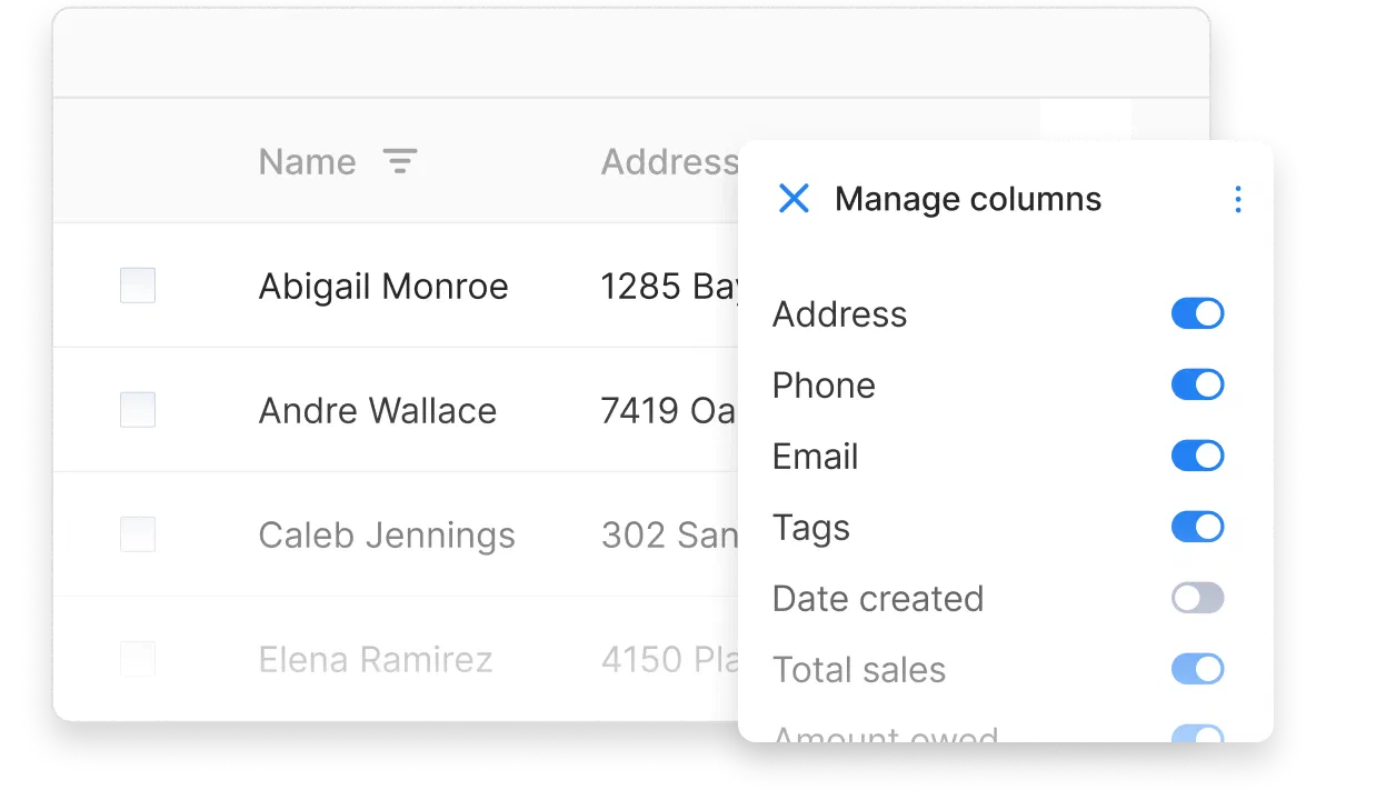 Customer list in Cinderblock with a column manager overlay showing toggles for address, phone, email, and other fields.