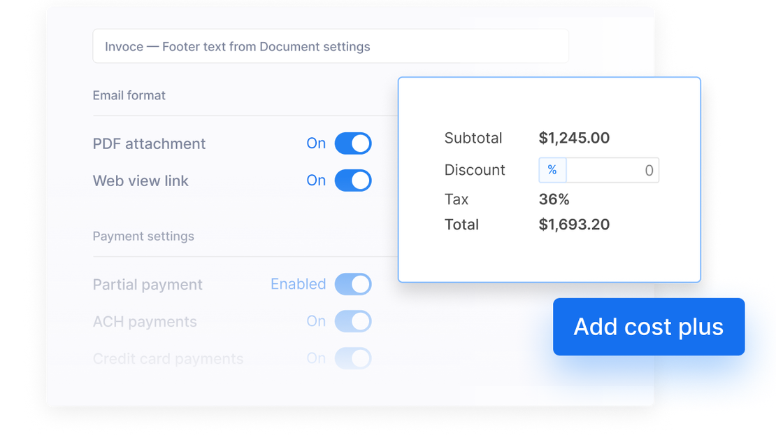 inderblock invoice settings showing email format, payment options, and a cost summary with tax and discount fields.