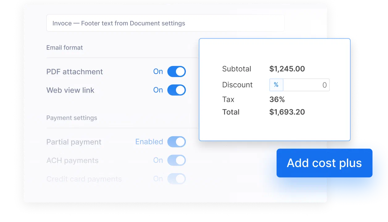 inderblock invoice settings showing email format, payment options, and a cost summary with tax and discount fields.
