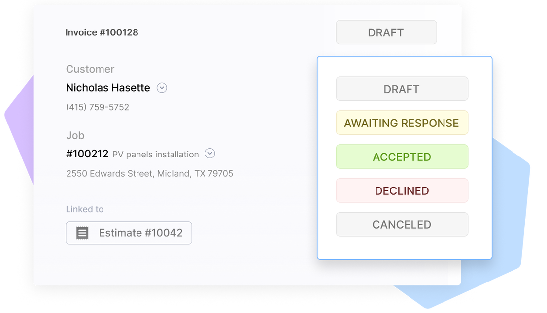Cinderblock invoice view showing customer and job details with selectable invoice status options.