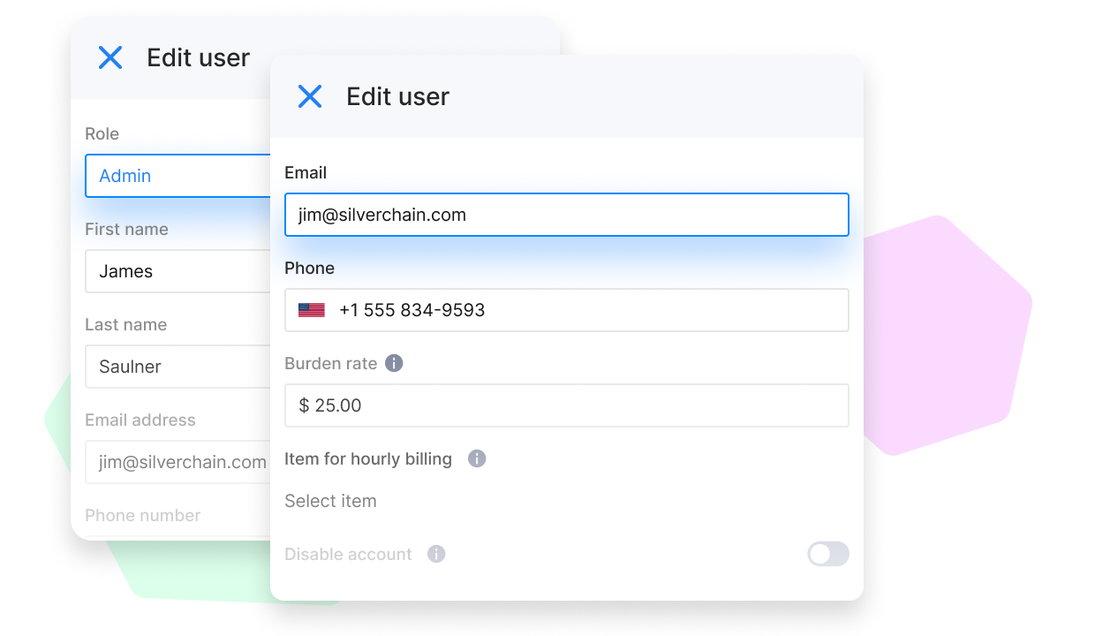 A user profile is being edited in Cinderblock, showing fields for name, role, email, phone, burden rate, and billing settings, with a visible “Save user” button.