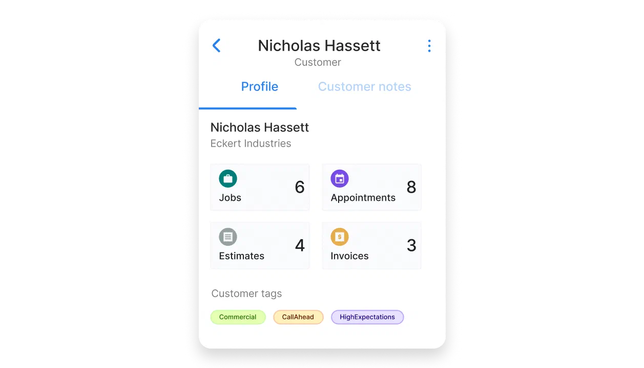 Customer profile view in Cinderblock showing contact details, sales history, notes, and job activity overview.
