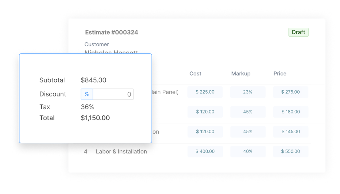 Estimate summary in Cinderblock showing subtotal, discount, tax, and total alongside itemized costs and prices.