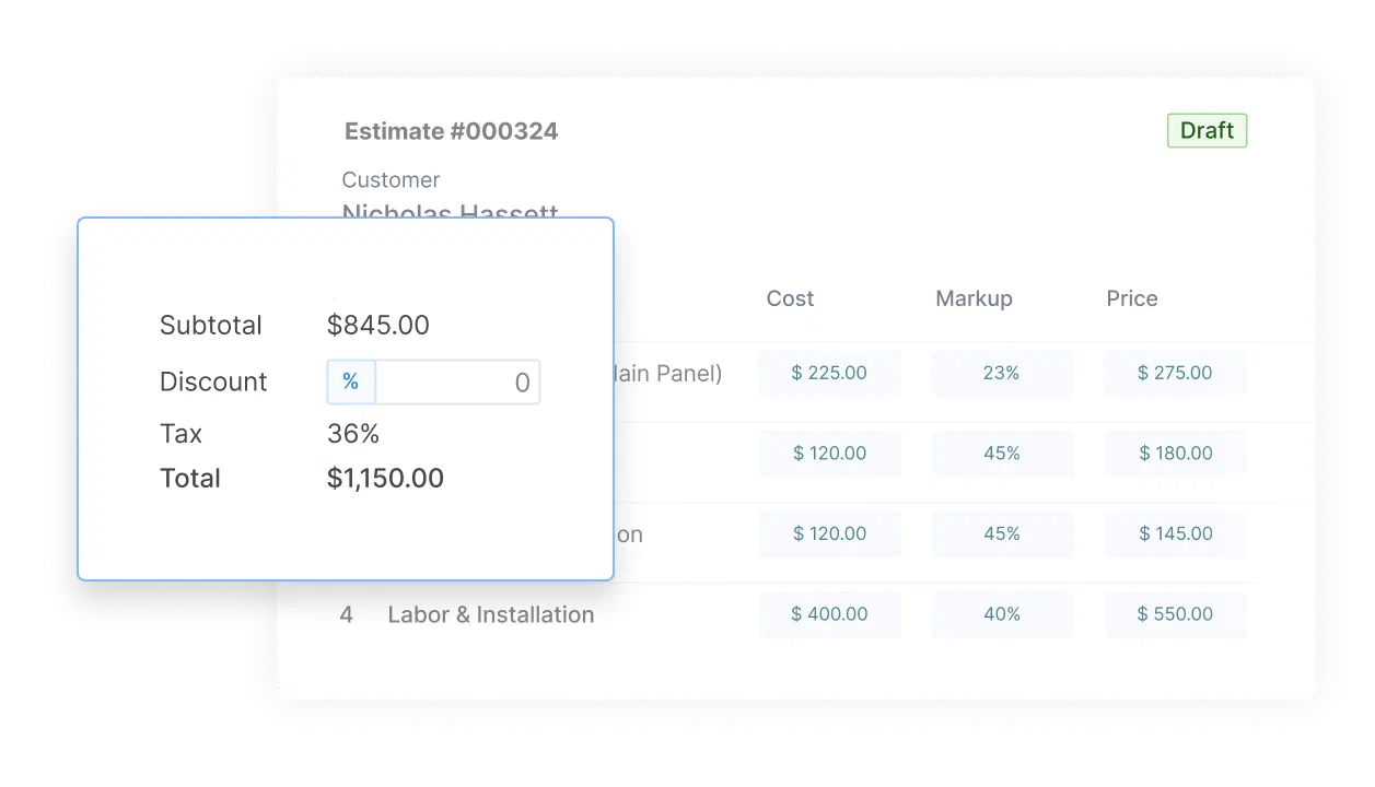 Estimate summary in Cinderblock showing subtotal, discount, tax, and total alongside itemized costs and prices.