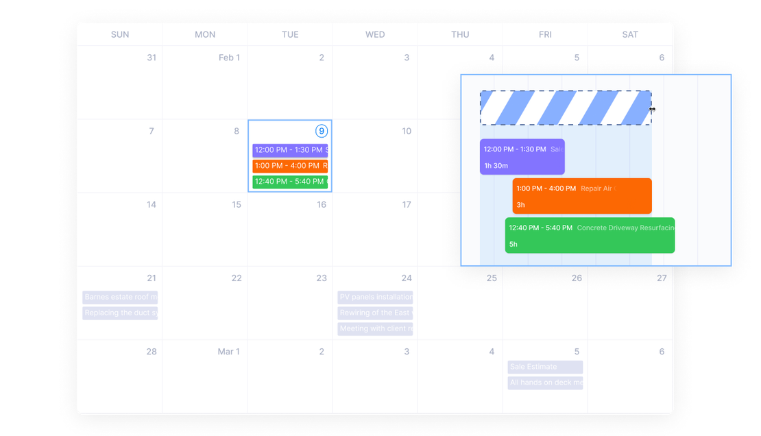 Creating a new appointment from Cinderblock’s calendar, select time, assign crew, and link to a job.