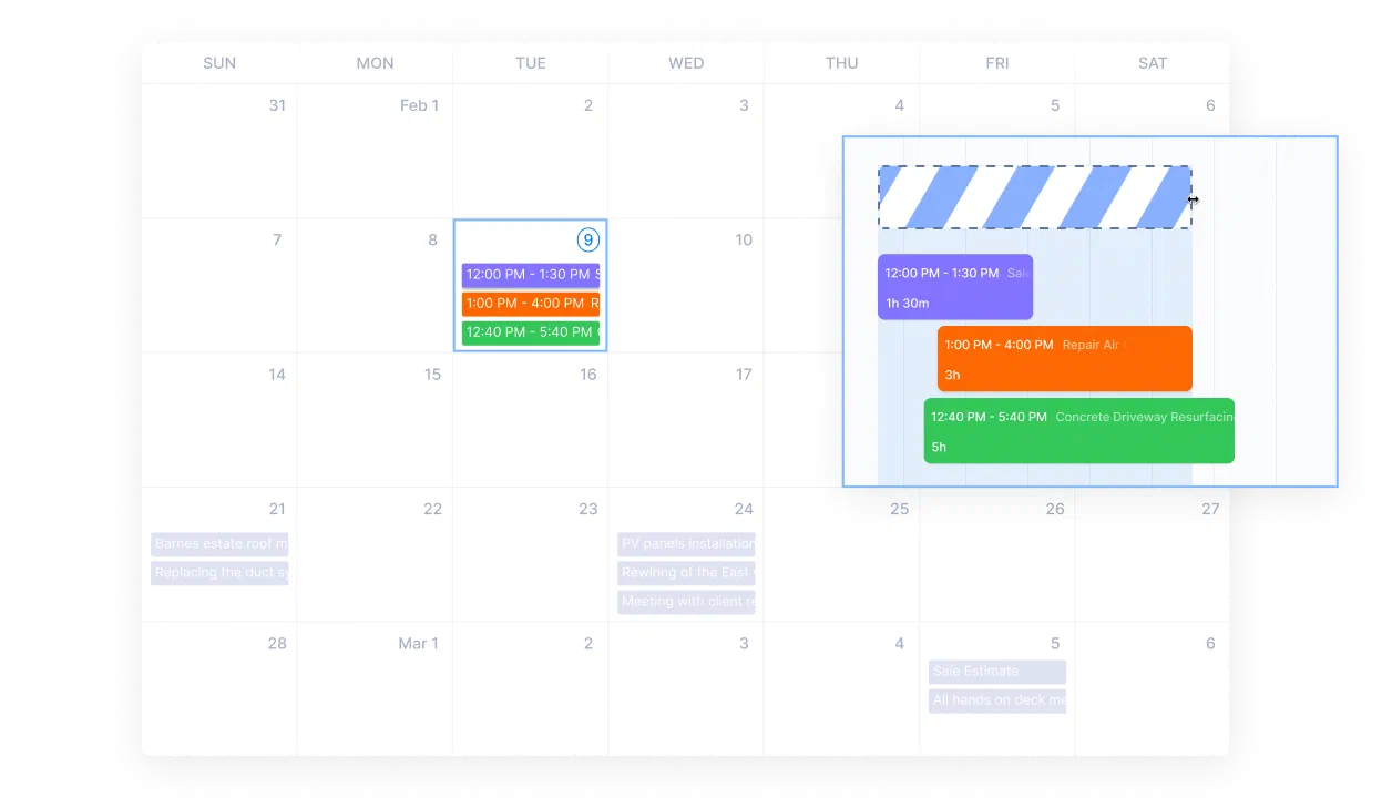 Creating a new appointment from Cinderblock’s calendar, select time, assign crew, and link to a job.