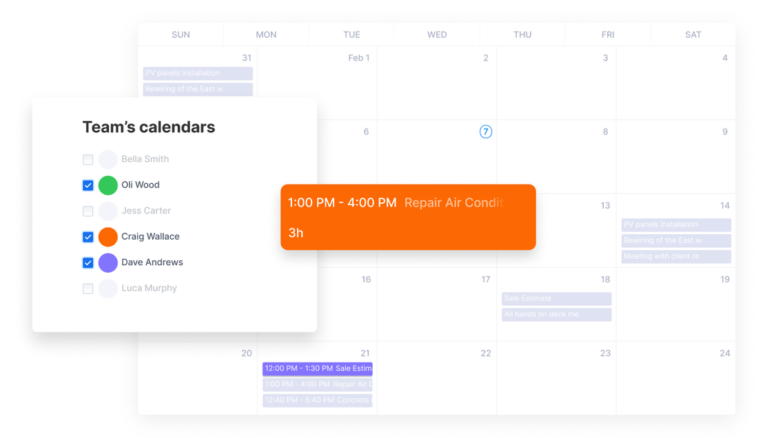 Calendar view in Cinderblock’s scheduling feature, showing individual crew availability.
