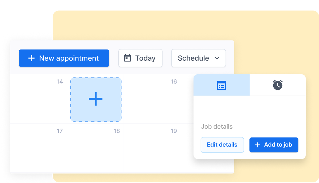 Linked appointment in Cinderblock with job details and tracked time, showing real-time updates for connected jobs.
