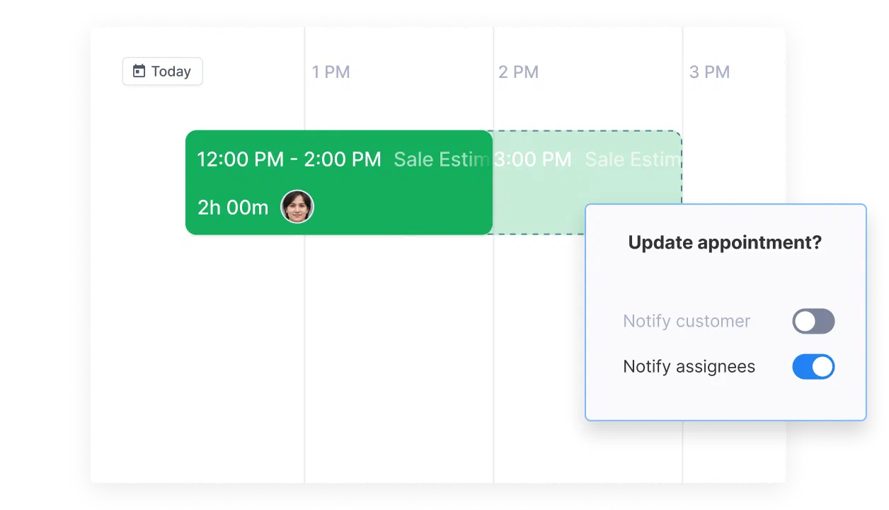 Drag-and-drop rescheduling of an appointment in Cinderblock, with automatic notifications to assignees.