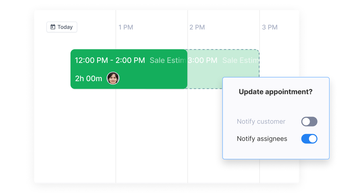 Cinderblock appointment confirmation email settings showing timing and recipient options.