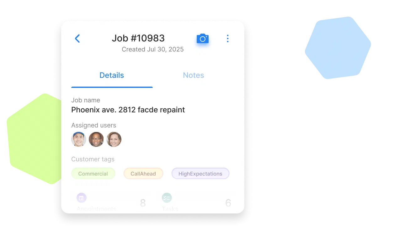 Cinderblock UI showing job details, assigned users, and customer tags, with a camera icon for capturing photos.