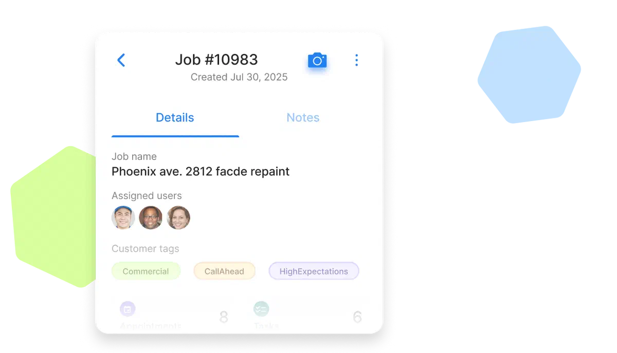Cinderblock UI showing job details, assigned users, and customer tags, with a camera icon for capturing photos.