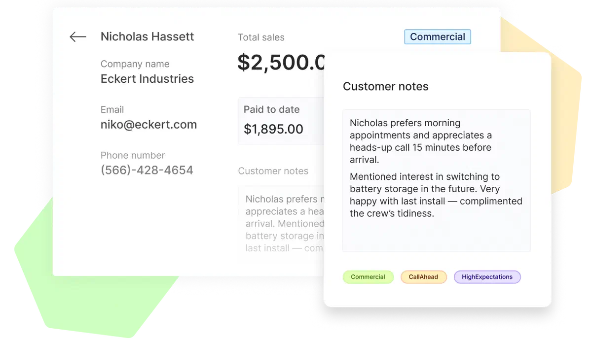 Customer profile in Cinderblock with detailed notes and tags showing preferences and special requirements.
