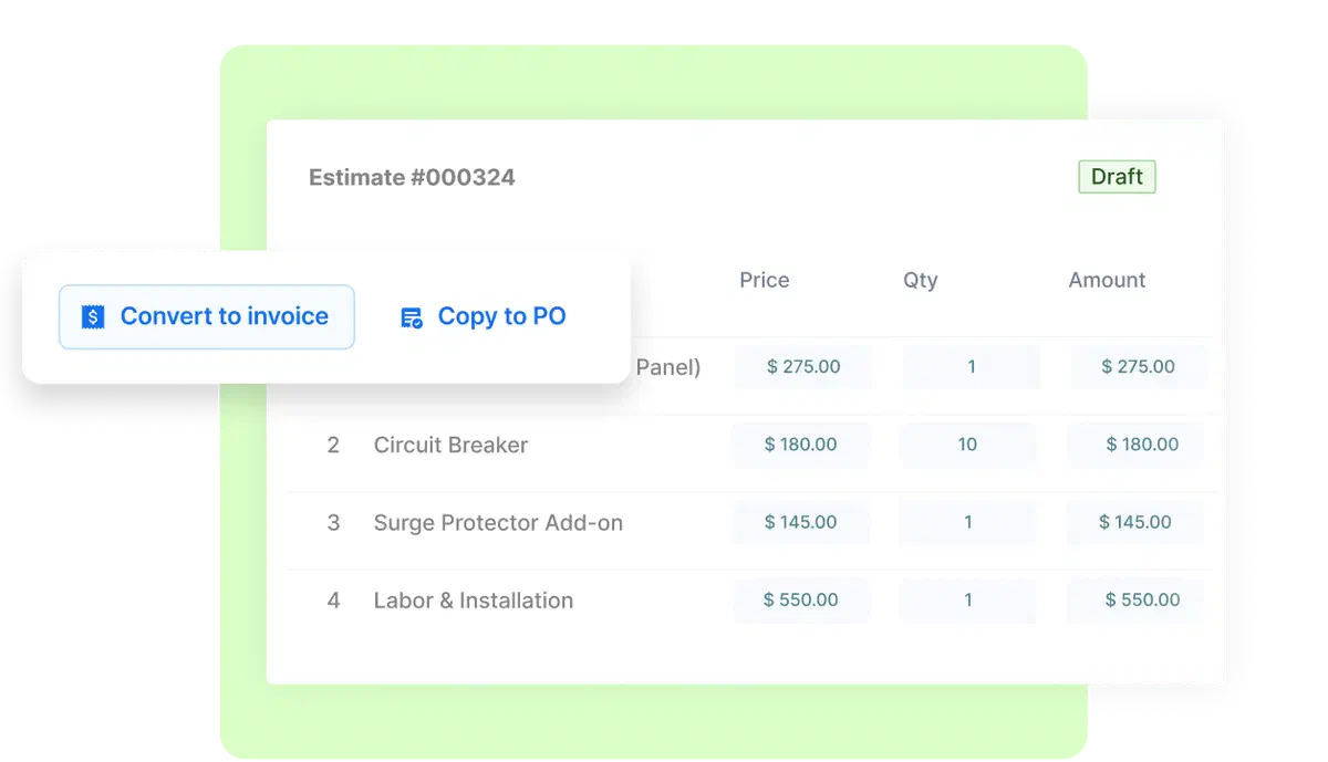 Cinderblock UI showing a partial invoice created from an estimate with milestone amounts.