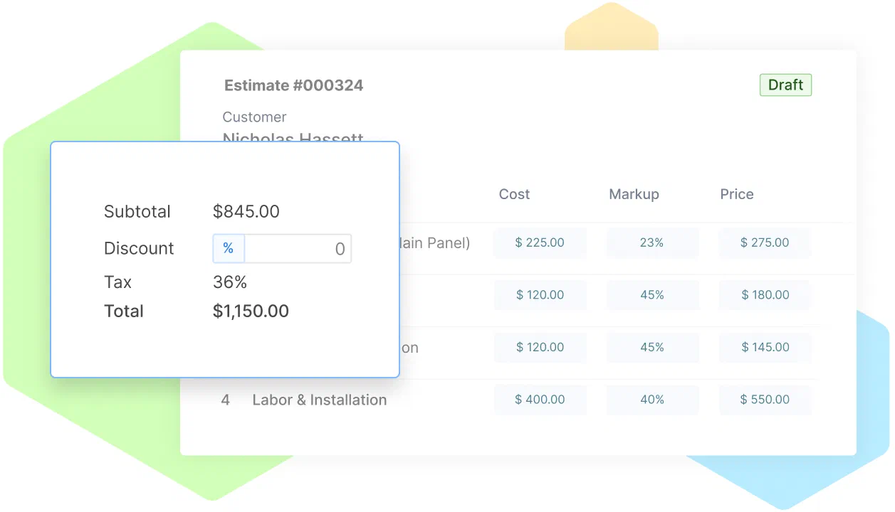 Cinderblock estimate view showing the customer signature acceptance feature with a sign-now button.