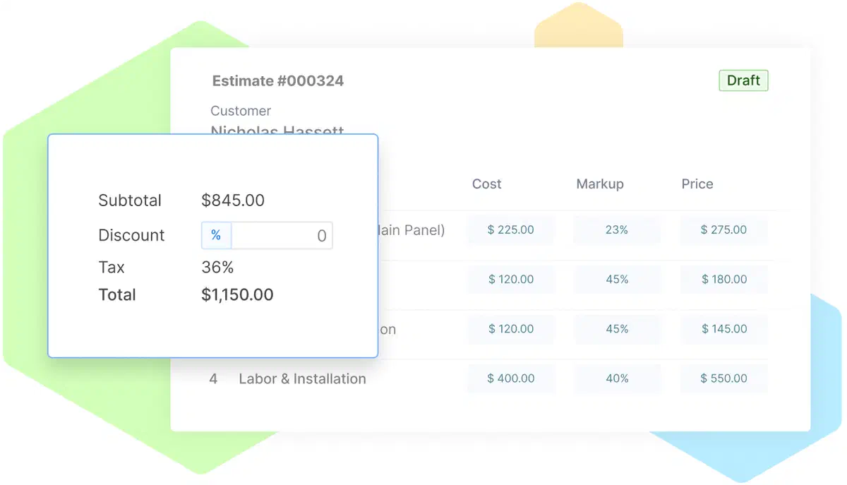 Cinderblock estimate view showing the customer signature acceptance feature with a sign-now button.