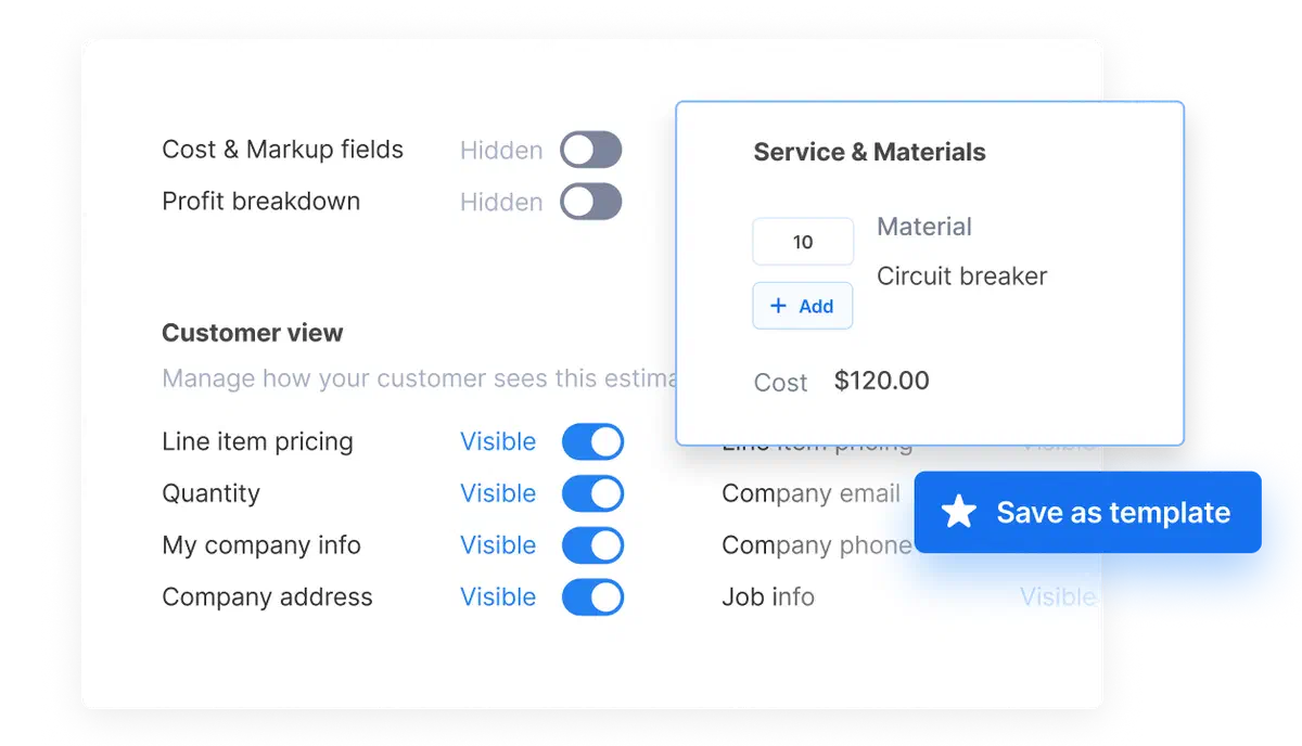 Estimate settings screen in Cinderblock showing visibility toggles, item details, and a "Save as template" option.
