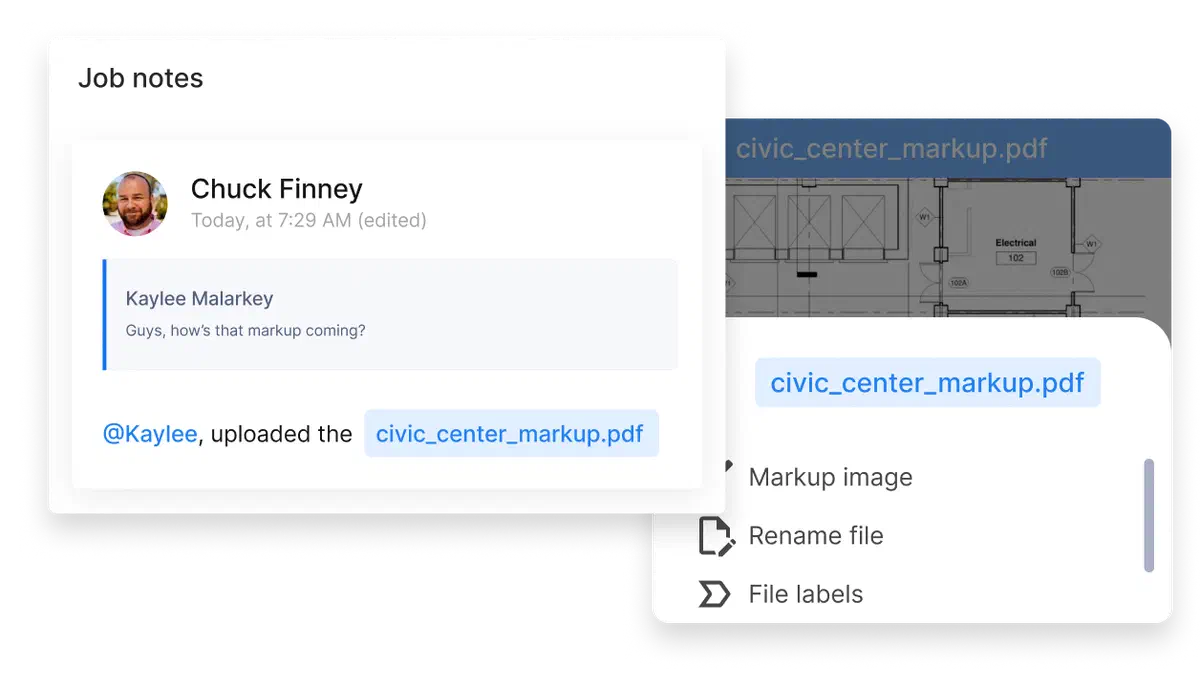 Cinderblock UI displaying file markup, renaming, and labeling tools.