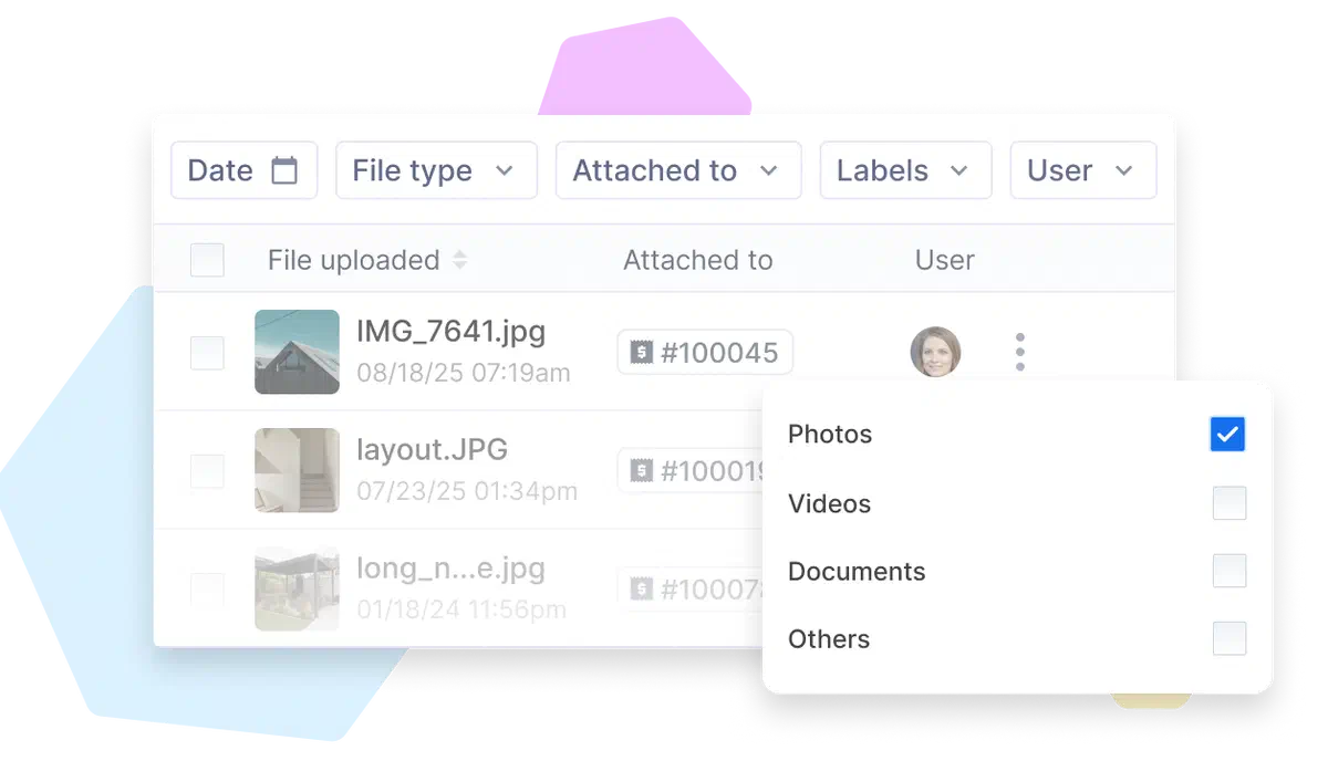 Cinderblock UI filtering files by type, job, labels, and user.