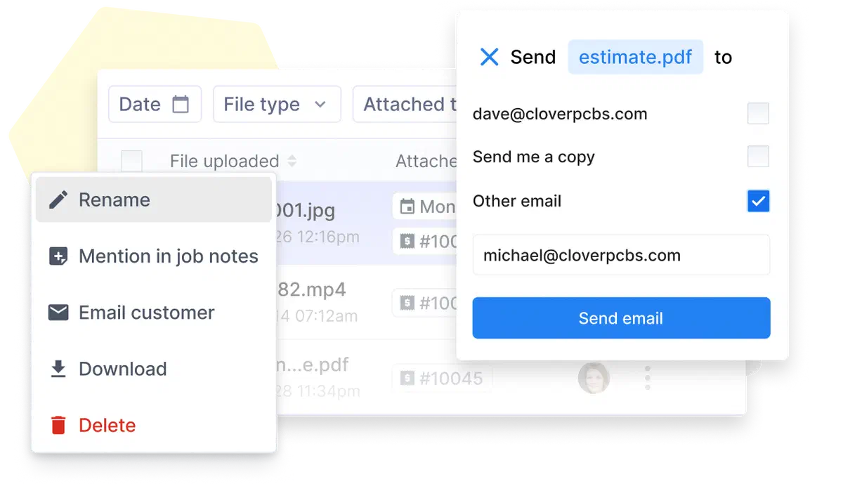 Cinderblock UI options to rename, email, download, or delete files.