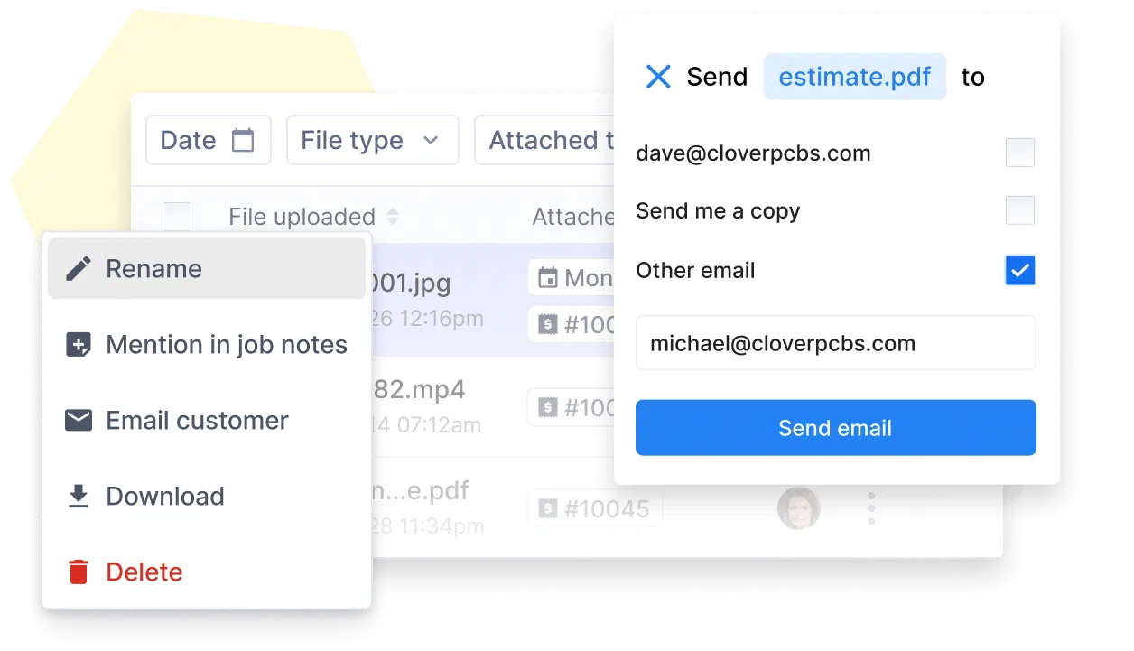 Cinderblock UI options to rename, email, download, or delete files.