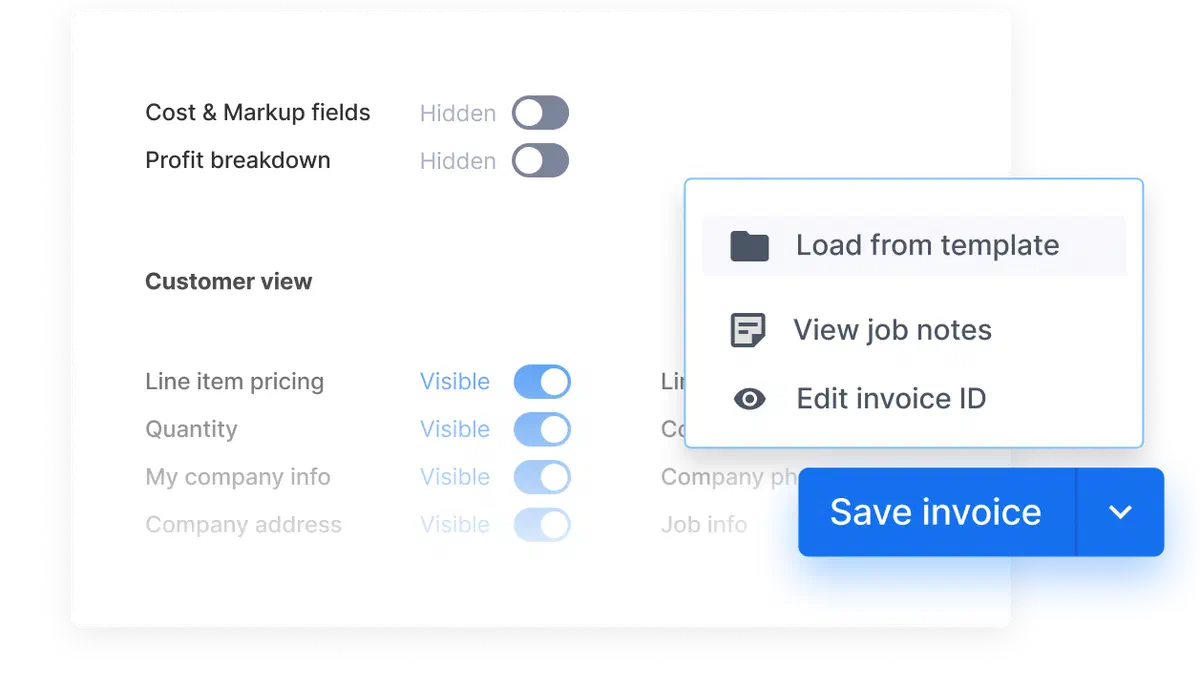 Cinderblock invoice settings with visibility toggles and options to load templates, view notes, or edit ID.