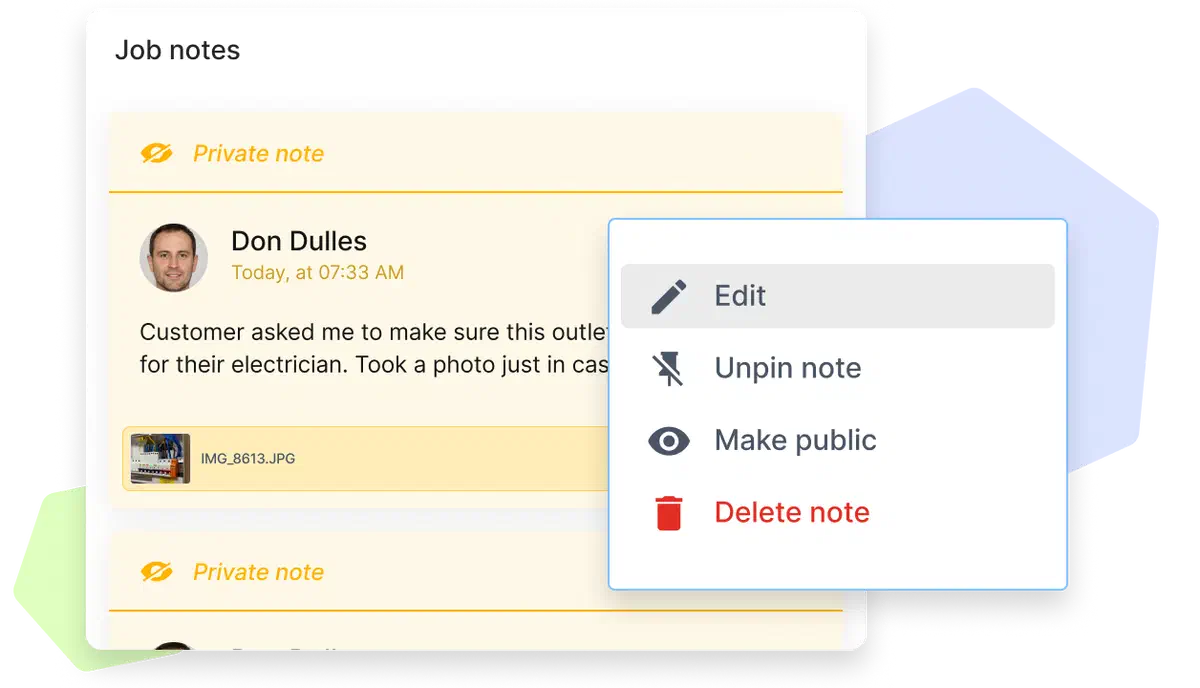 UI of Cinderblock’s job notes showing a private note with an image attachment and menu options to edit, unpin, make public, or delete the note.