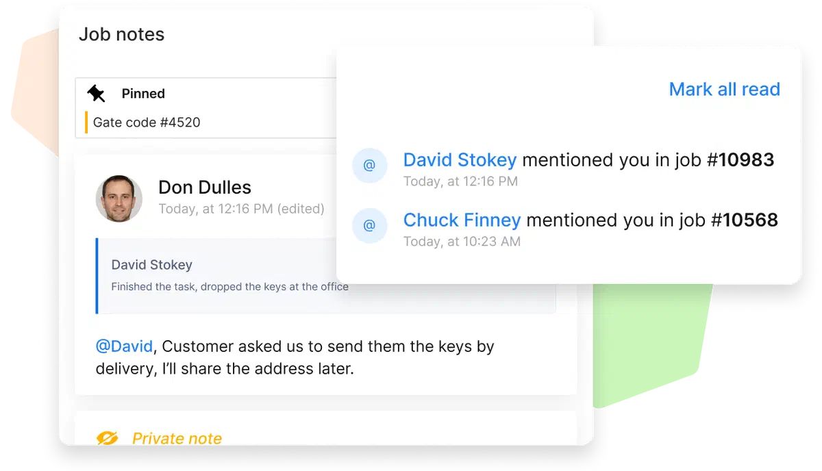 Cinderblock job notes showing a mention of a linked form and a team member with context.